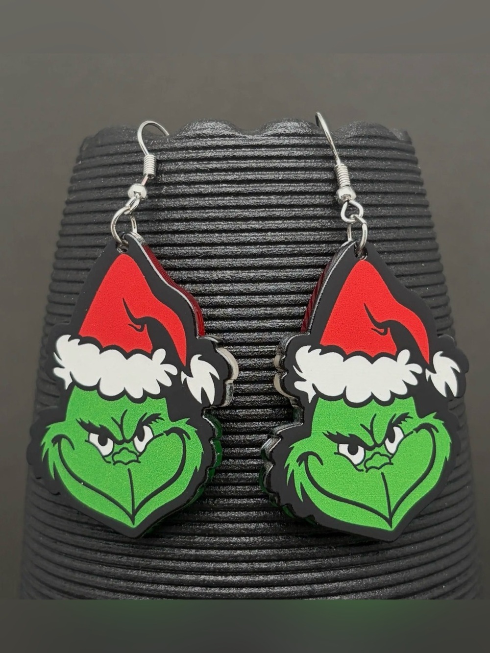 Festive Green Grinch Face Drop Earrings with Red Santa Hat